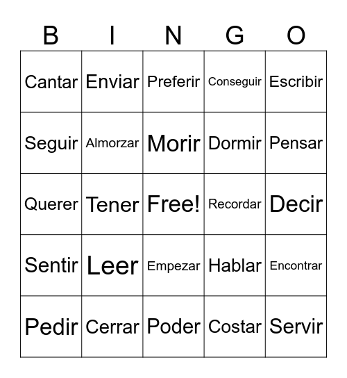 Stem Changing Verbs Bingo Card