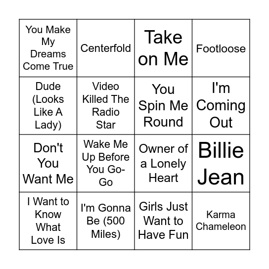 80s Music Bingo Round 1 Bingo Card