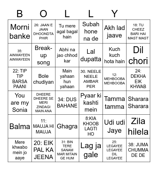 BOLLYWOOD SONG BINGO Card