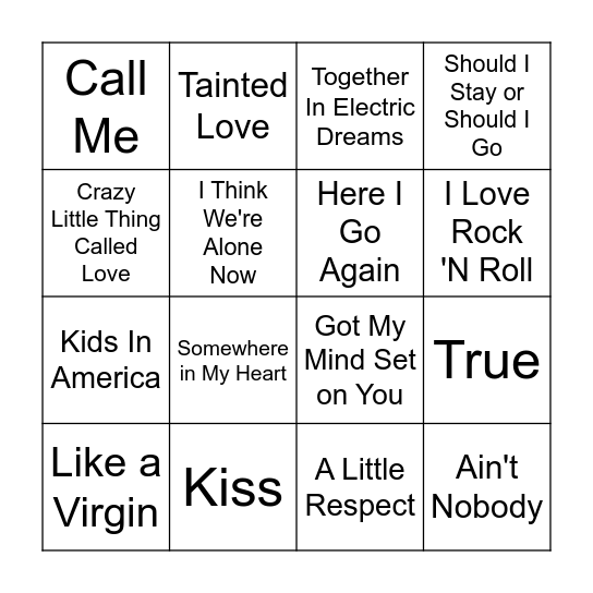 80s Music Bingo Round 2 Bingo Card