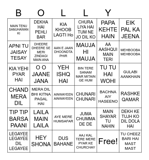 BOLLYWOOD SONG BINGO Card
