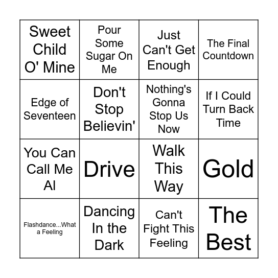 80s Music Bingo Round 3 Bingo Card