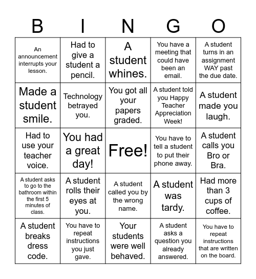 TEACHER APPRECIATION WEEK! Bingo Card