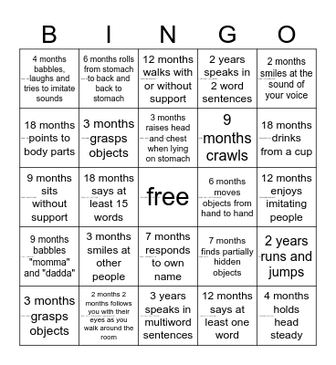 Child Development Bingo Card