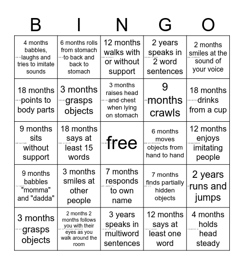 Child Development Bingo Card