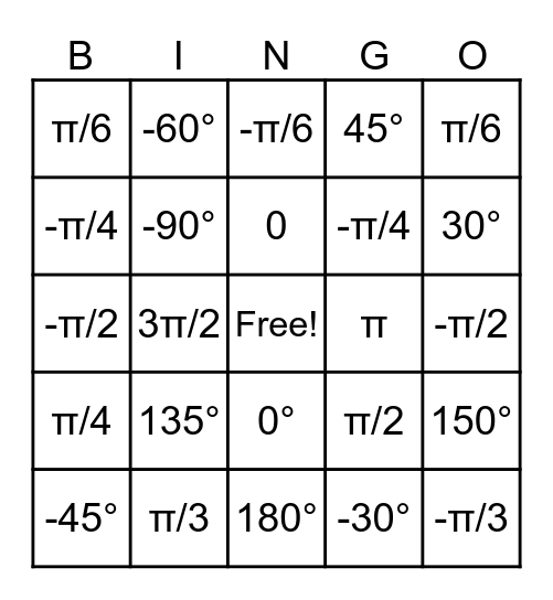 Inverse Trig Functions Bingo Card