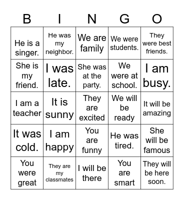To Be Verbs Bingo Card