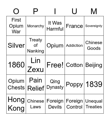The Opium War Bingo! Bingo Card