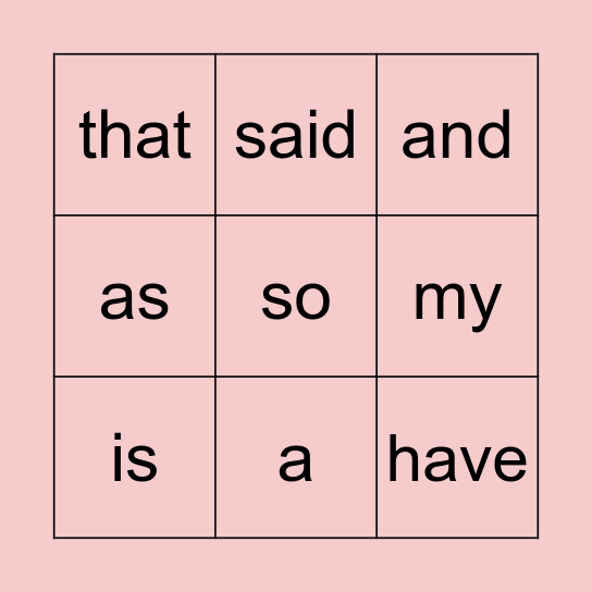 Stage 2 Heart Word Bingo Card