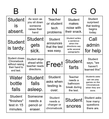 Teacher Testing Bingo Card
