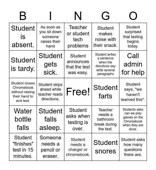 Teacher Testing Bingo Card