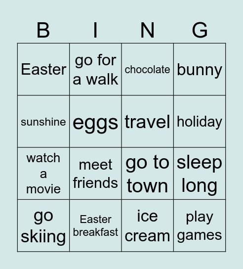 Easter holiday Bingo Card