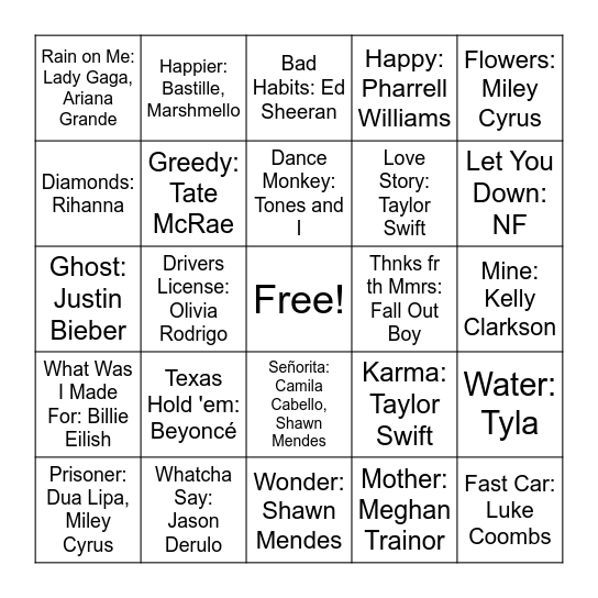Pace Spotify Bingo! Bingo Card