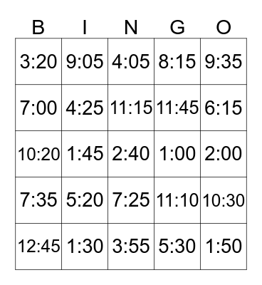 TELLING TIME Bingo Card