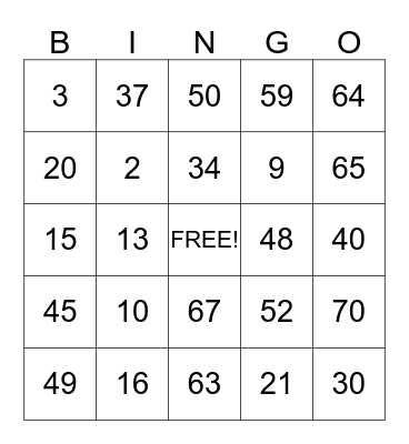 Number Bingo Card