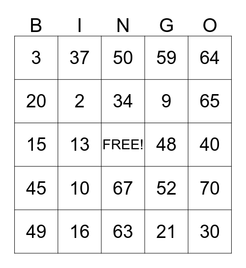 Number Bingo Card