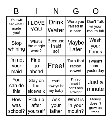 What Mother's Say Bingo Card