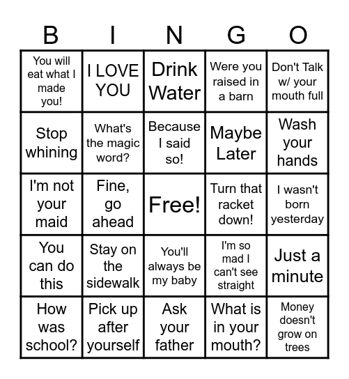 What Mother's Say Bingo Card
