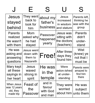 Feast of the Passover - Luke 2:40-52 Bingo Card