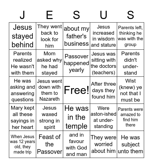Feast of the Passover - Luke 2:40-52 Bingo Card