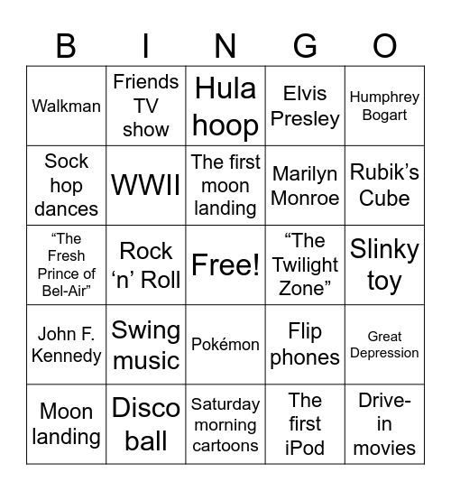 Generations Bingo Card