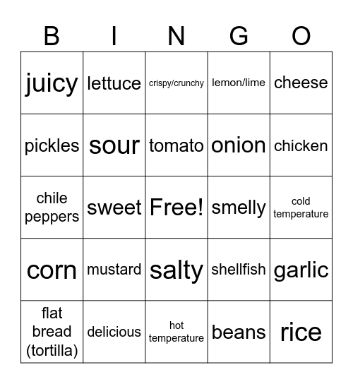 las comidas Bingo Card