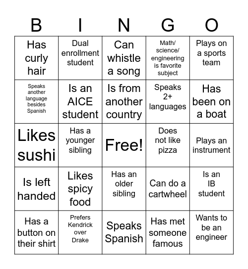 Getting to Know you Bingo Card