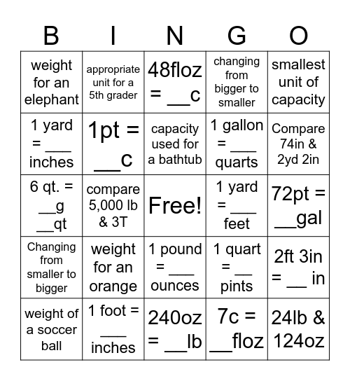 Convert Customary Units Bingo Card