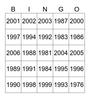 Years Bingo Card