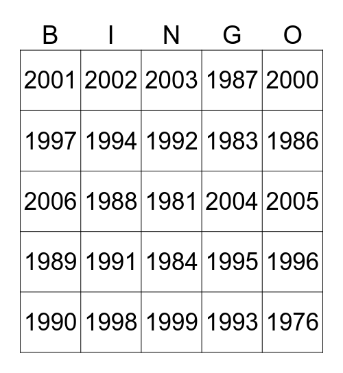 Years Bingo Card