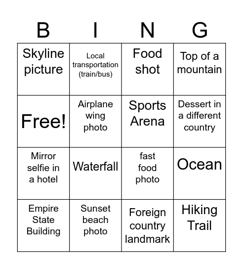 Travel Bingo Card