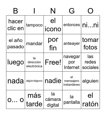 Spanish vocabulary Bingo Card