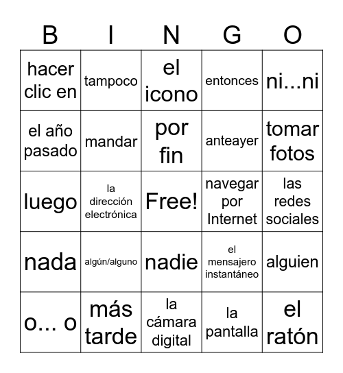 Spanish vocabulary Bingo Card