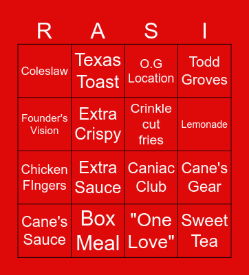 Rasing  Cane's Bingo Card