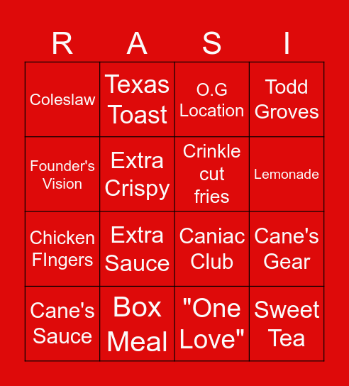 Rasing  Cane's Bingo Card