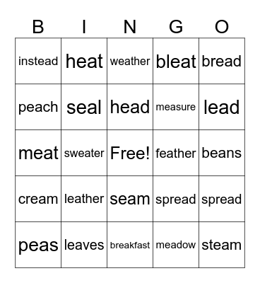 EA WOrds Bingo Card