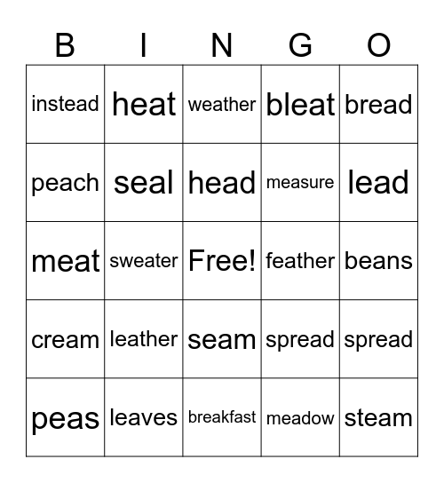 EA WOrds Bingo Card