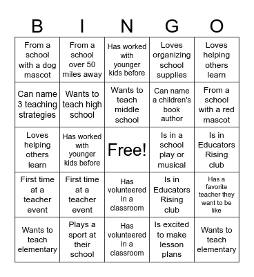 GYO Student Kick Off: Teaching as a Profession Bingo Card