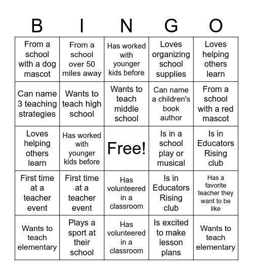 GYO Student Kick Off: Teaching as a Profession Bingo Card