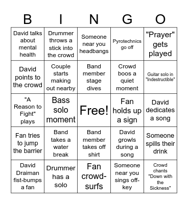 Concert Bingo (Disturbed) Bingo Card