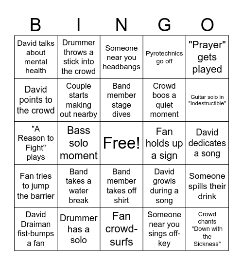 Concert Bingo (Disturbed) Bingo Card