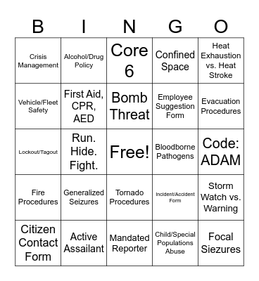 Safety Training Bingo Card