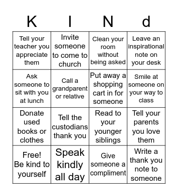 Random Acts of Kindness Bingo Card