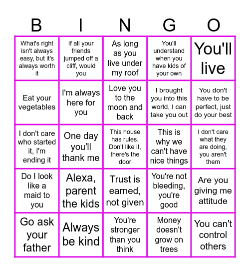 Mothers Sayings Bingo Card