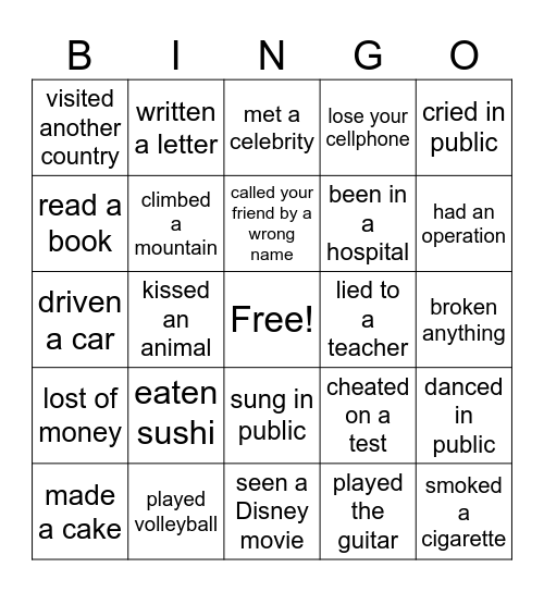 "Have you ever…?" Bingo Card