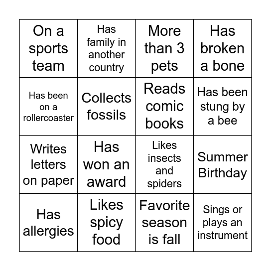 Getting to Know You Bingo Card