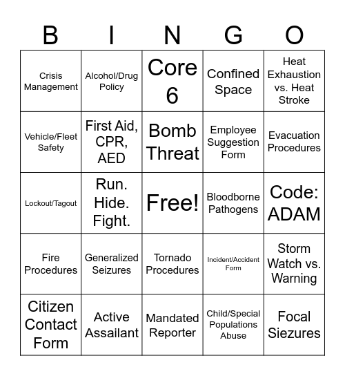 Safety Training Bingo Card