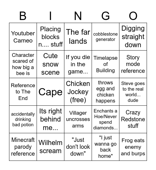 A Minecraft Movie Bingo Card