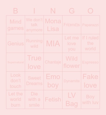 Spotify songs Bingo Card