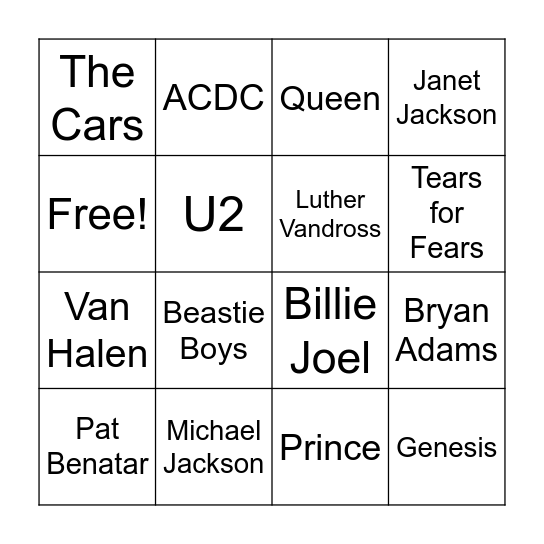 80's Music BINGO Card
